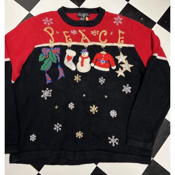 Vintage All Points Ugly Christmas Sweater Womens XL 2 Sided Design Snowman AOP - Picture 2 of 9
